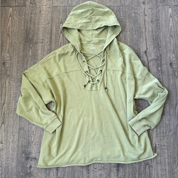 Aerie Sunday Soft Lace Up Oversized Hooded Light Sweatshirt - Picture 3 of 5